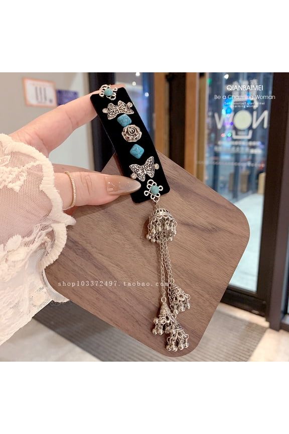 New Chinese-style turquoise bell tassel hairpin, ethnic side clip with a sophisticated and exquisite hair accessory