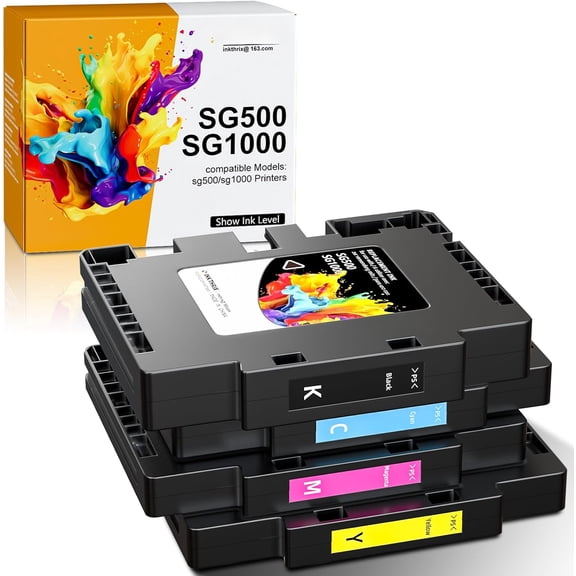 New Chip SG500/SG1000 Sublimation Ink Cartridges Compatible for Sawgrass SG500 SG1000 Printers, with Nano-Level Chips, Compatible with Firmware Versions 3.9.0(Black, Cyan, Magenta, Yellow, 4-Pack)