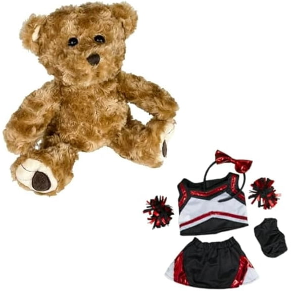 New Chocolaty Furry Twist Teddy Bear Stuffed Toy in Metallic Red & Black Cheerleader Uniform - Matching Cheer Bow and Pompoms - Cute Stuffed Animal Gift for Kids - 8-inch