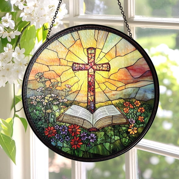 New Christian Cross Stained Glass, SunCatcher Christian Art, Indoor Decor, Stained Glass Gift,Christian Cross, Christmas Jesus Gift,Window Decor