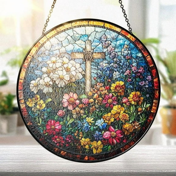 New Christian Stained Glass Cross Suncatcher Gift, Cross Wild Flower Window Hanging for Home Decor, Religious Housewarming Gift, Catholic Decor