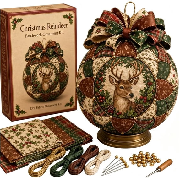 New Christmas Classics Patchwork Ornament DIY Kit Santa Claus Traditional Quilted Bauble Making Set For Festive Home Decor & Grandmother Gift Idea (Christmas Reindeer)