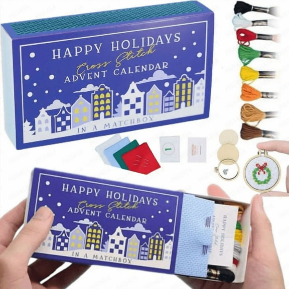 New Christmas Cross Stitch Advent Calendar, Christmas Countdown Advent Calendar Embroidery Kit, 24 Days Countdown Advent Calendar Gift for Beginners and Craft Lovers (Blue)