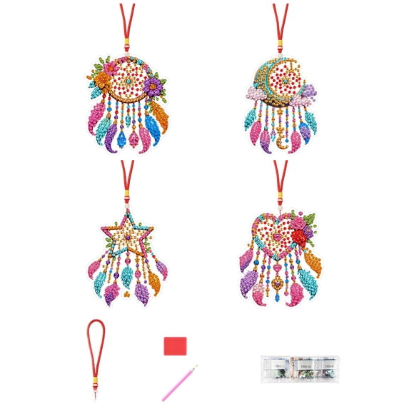 New Christmas and Halloween DIY Diamond Painting Ornament Set, 4 Piece Hanging Rhinestone Art Decor for Trees and Windows, Sparkling Festive Craft Kit (Dream catcher) (Dream catcher)