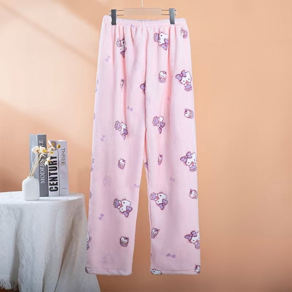 New Christmas KT Cat Cake KT MLD KRM  Cartoon Flannel Printed Thick Pajama Pants for Women Coral Fleece Autumn Winter Home  Casual Sleep Pants, Can Be Worn Outdoors