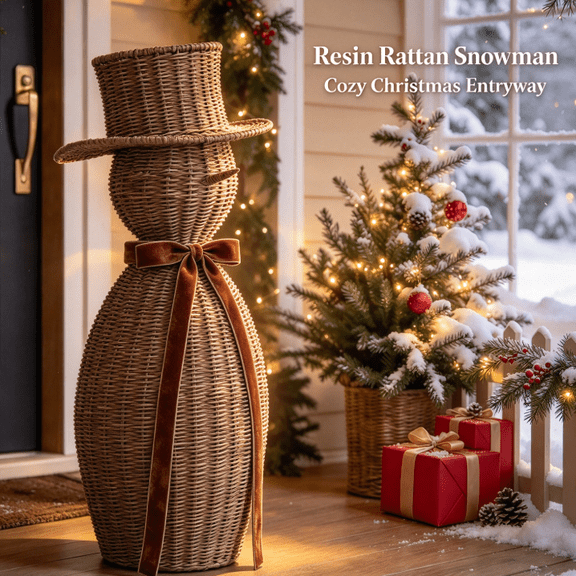 New Christmas Resin Rattan Style Snowman Decor, Rustic Freestanding Snowman Decorations, Woven Natural Texture Winter Farmhouse Tabletop Decor for Indoor Home Mantel & Holiday
