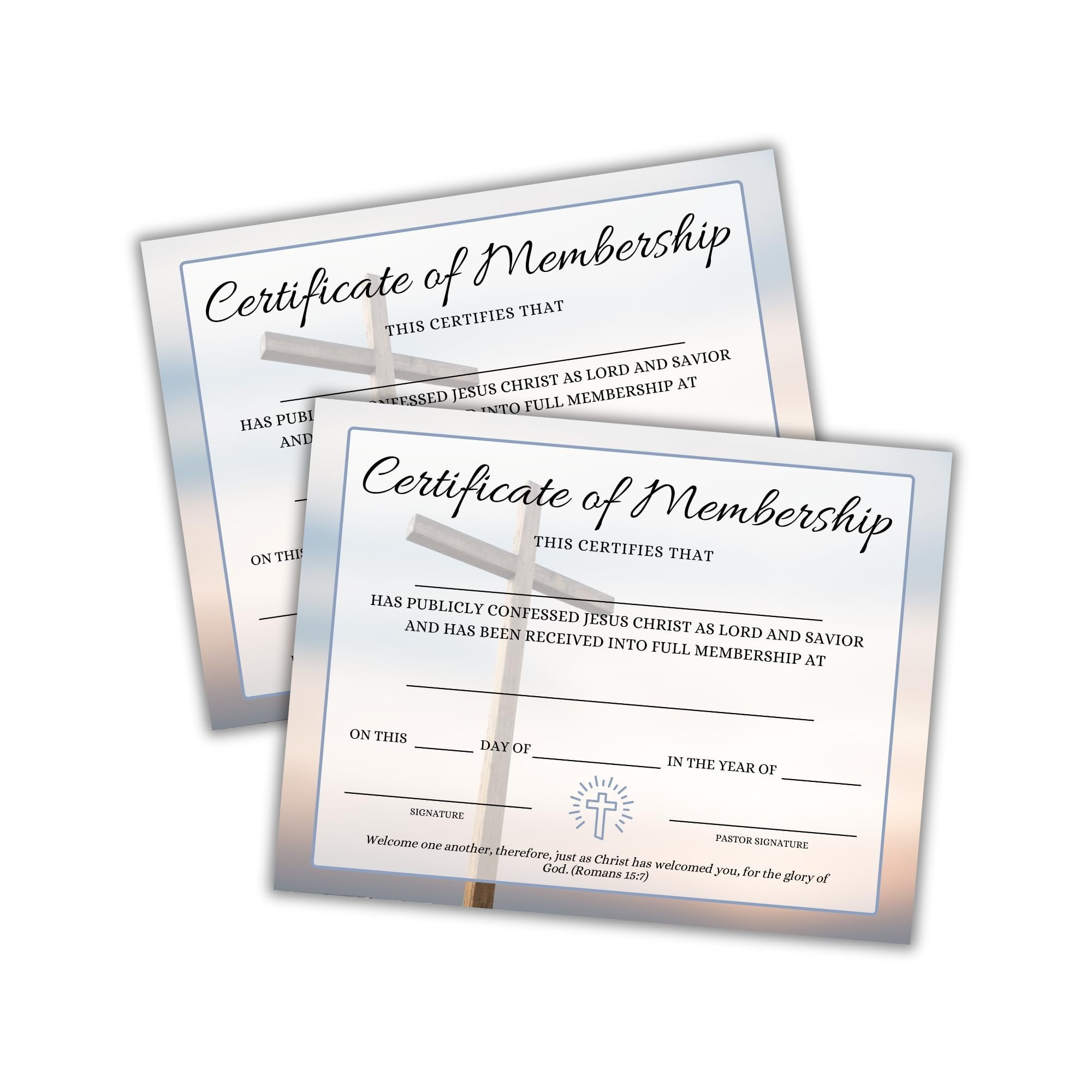 New Church Membership Certificate 30pk 8.5x11 Cross Modern Recognition to Frame Baptism Welcome Folder Dedication to Church Affirmation