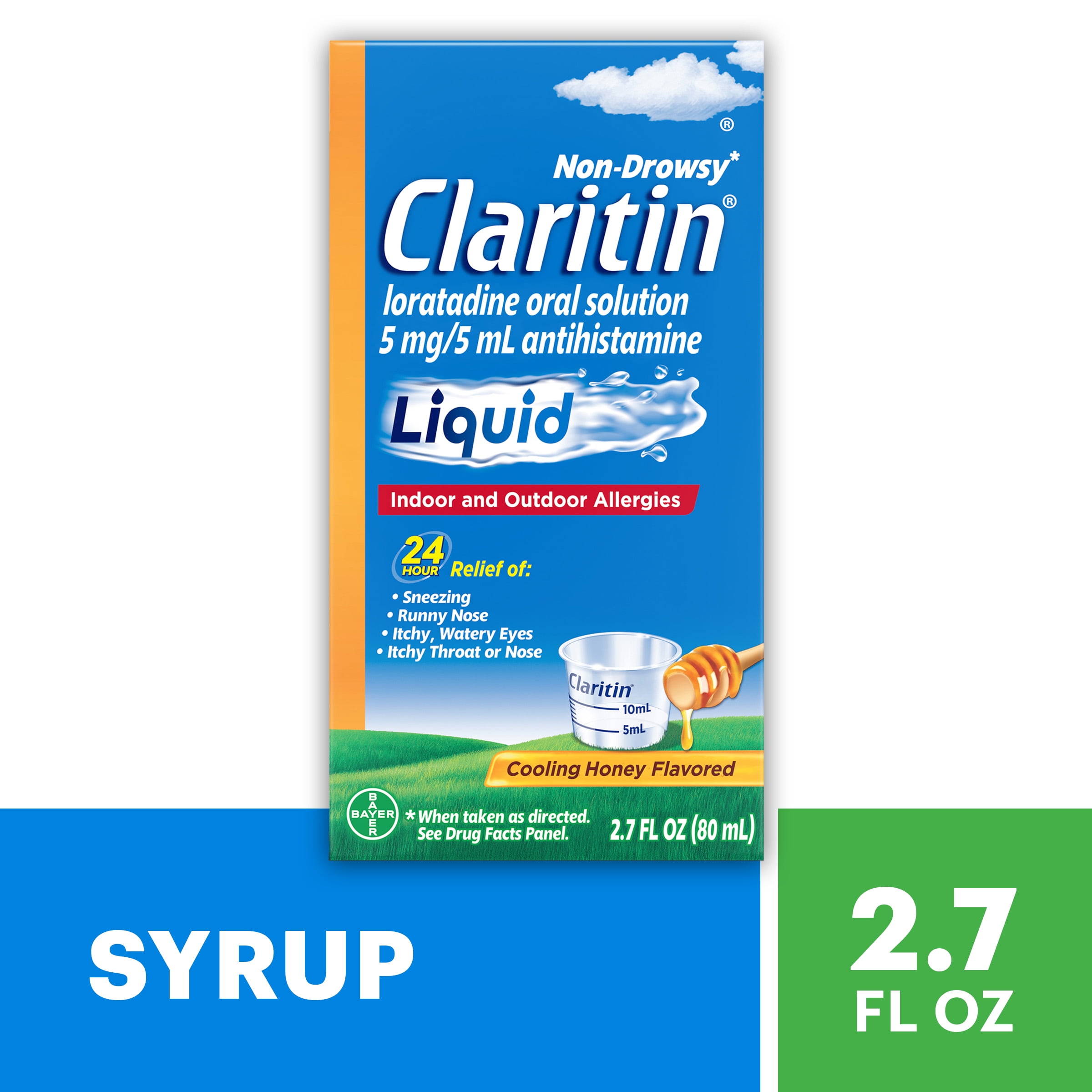 Claritin 24 Hour Non-Drowsy Loratadine Antihistamine Allergy Relief Medicine, Cooling Honey Syrup, 5 mg, 2.7 oz