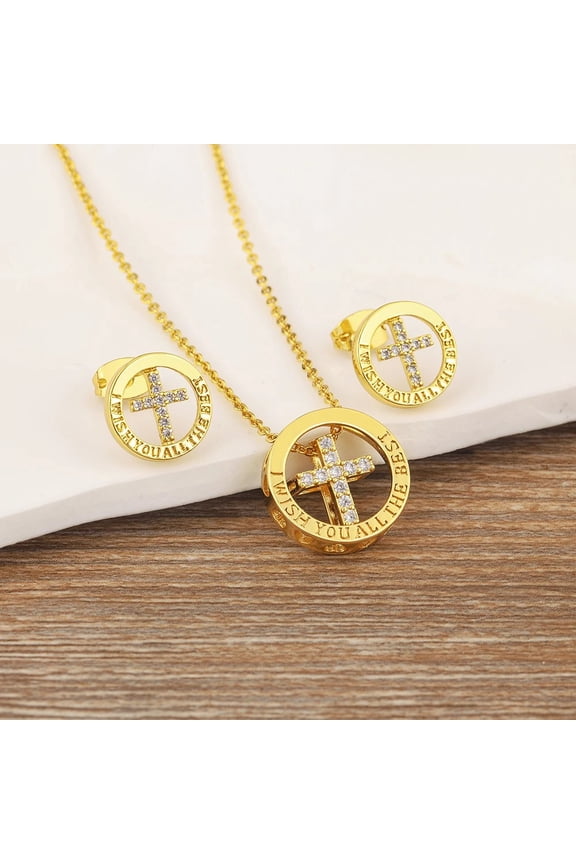 New Classic 14K Yellow Gold Cross Charm Necklace Earrings Hollow Chain Choker Zircon Jewelry Set Women Accessories Gift