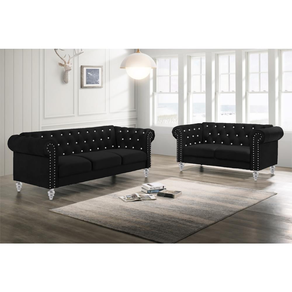 Emma Black Velvet Loveseat and Sofa Set with Silver Accents