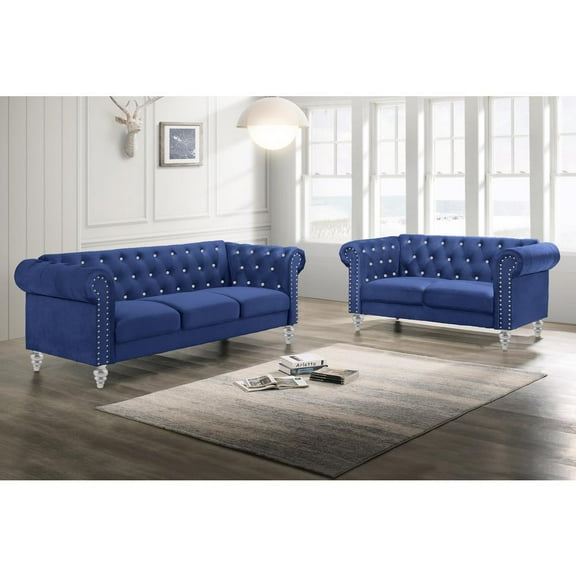 New Classic Emma 2-Piece Crystal Velvet Loveseat & Sofa Set in Royal Blue