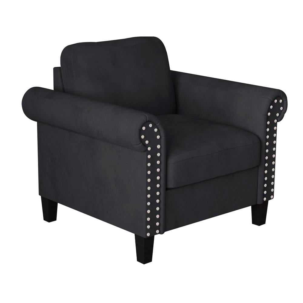 Handcrafted Black Velvet Accent Chair with Wood Legs