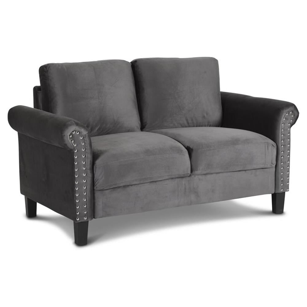 Gray Velvet Loveseat with Nailhead Trim and Rolled Arms