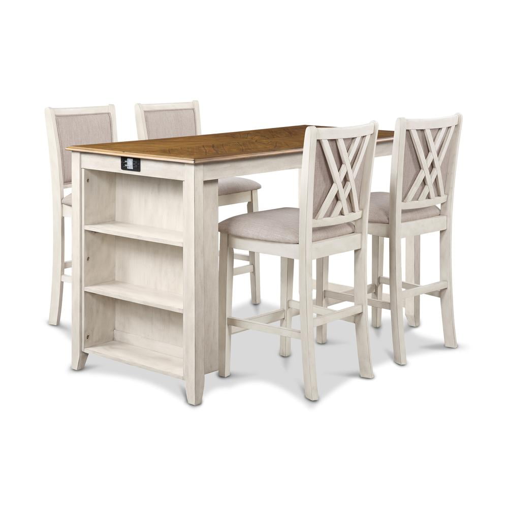 Rustic Beige and Brown Wood Counter Set with 4 Chairs