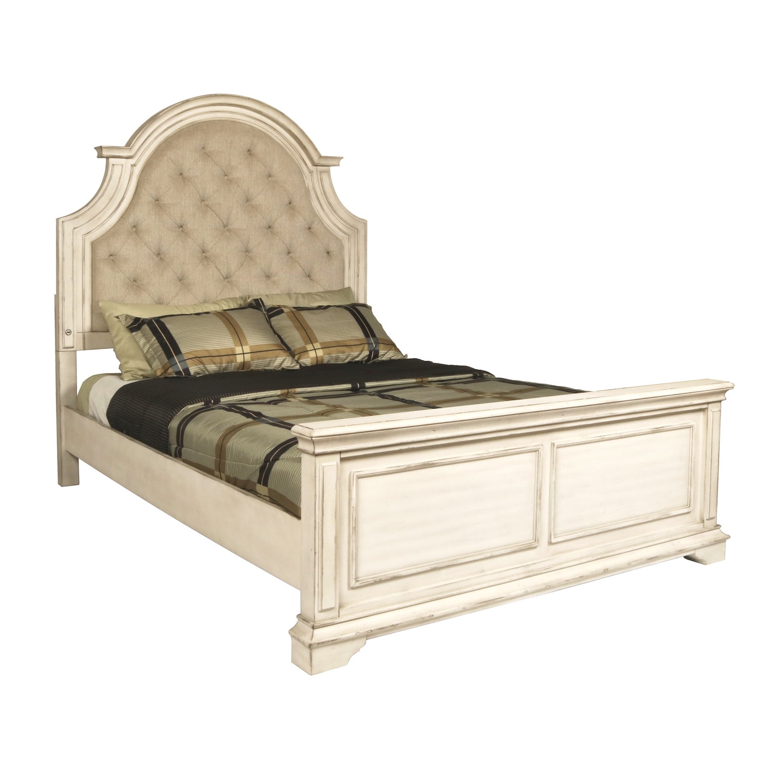 Antique White Queen Upholstered Wood Bed with Tufted Headboard