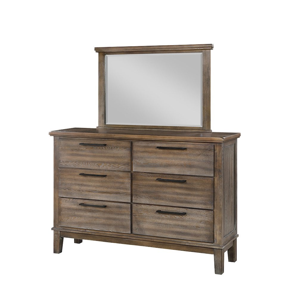 Vintage Gray Rubberwood 6-Drawer Dresser with Mirror