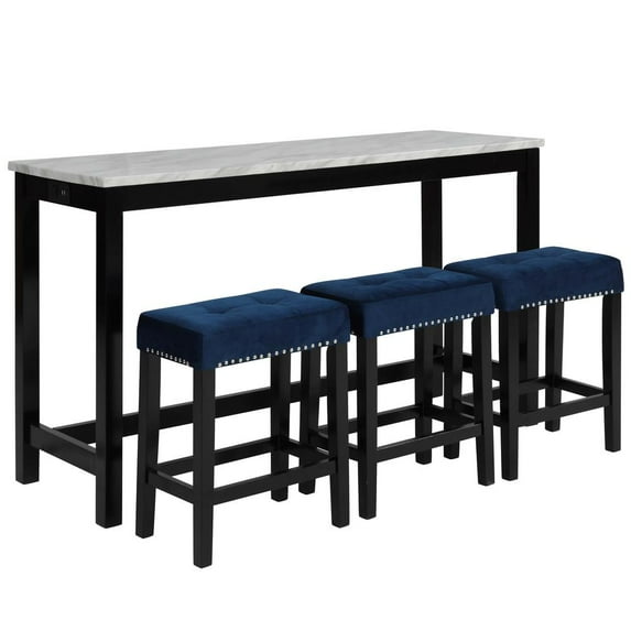 New Classic Furniture Celeste 4-Piece Faux Marble & Wood Bar Set in Blue
