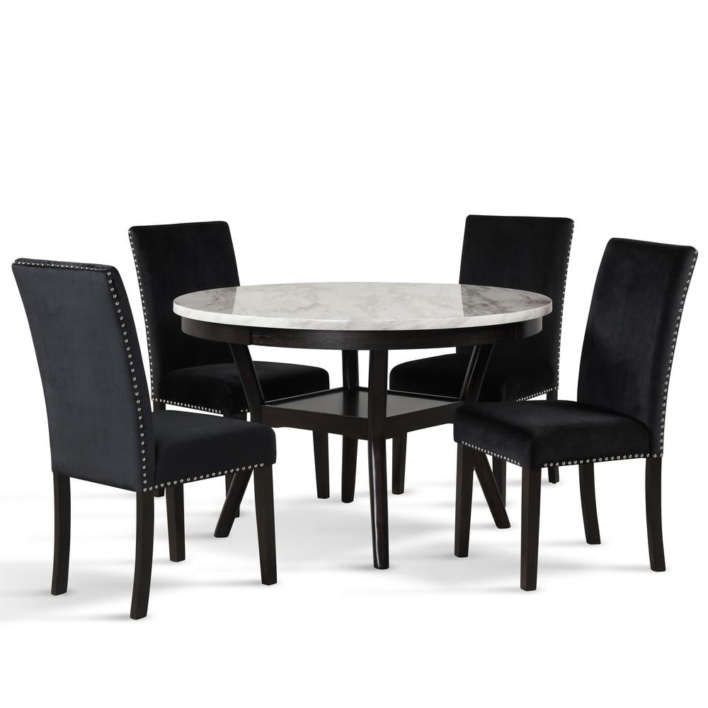 Celeste 5-Piece Black Faux Marble Dining Set with Velvet Chairs