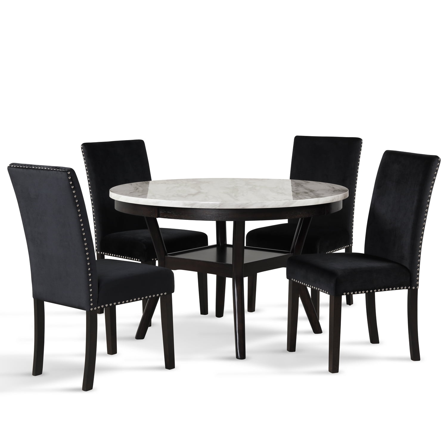 Celeste 5-Piece Black Faux Marble Dining Set with Velvet Chairs