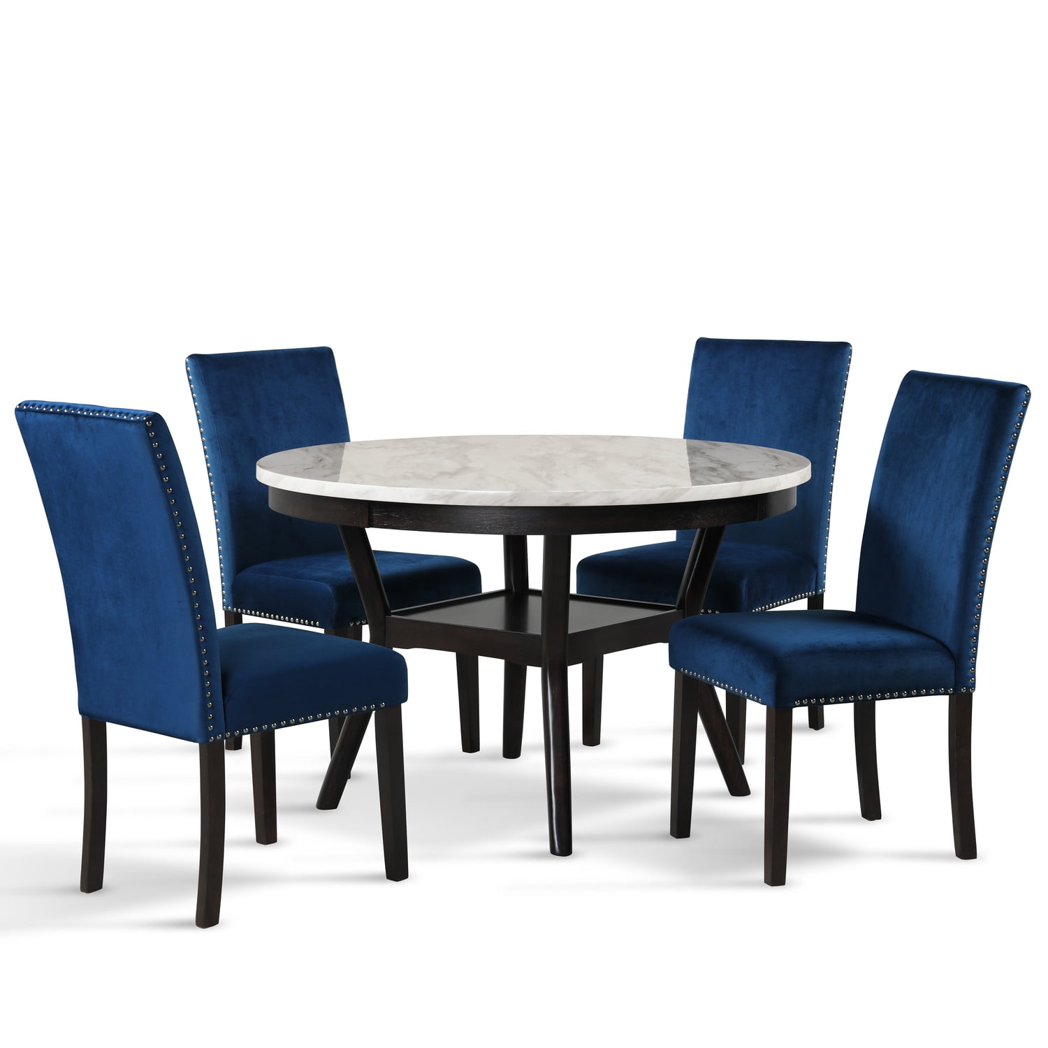 Celeste 5-Piece Blue Velvet and Faux Marble Dining Set