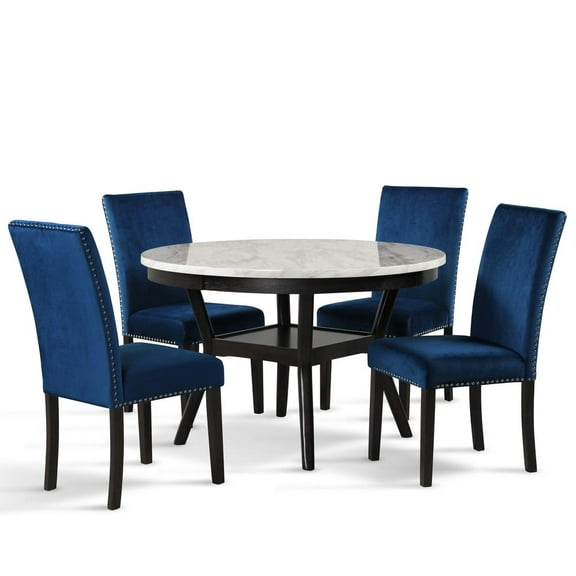 New Classic Furniture Celeste 5-Pc Faux Marble/Wood Dining Set w/ 4 Chair-Blue