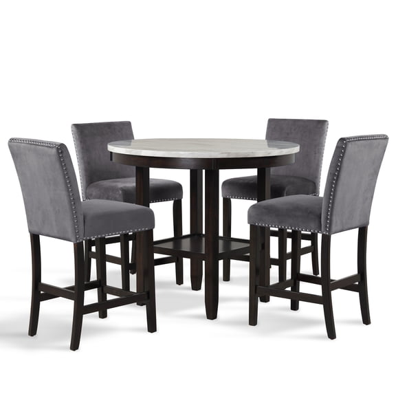 New Classic Furniture Celeste 5-Piece Round Counter Dining Set, 1 Counter Table And 4 Gray Velvet Chairs, 42 Inch, Espresso Base With Faux Marble Top, White With Gray Veining