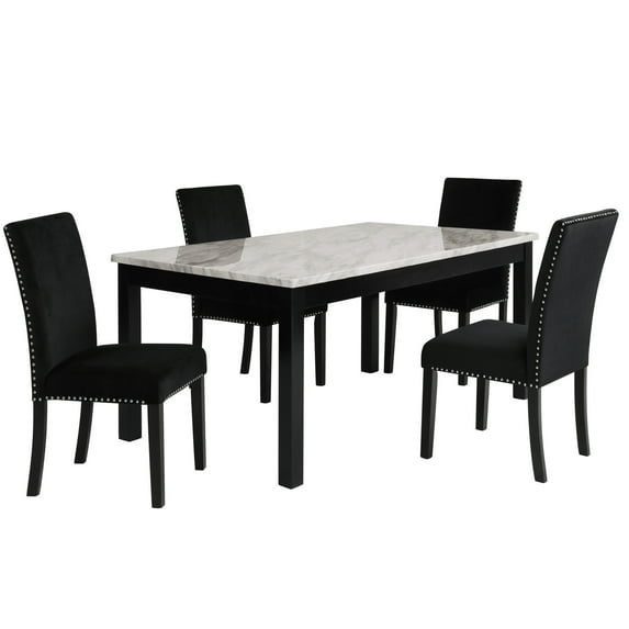 New Classic Furniture Celeste Faux Marble/Wood Dining Set w/ 4 Black Chairs