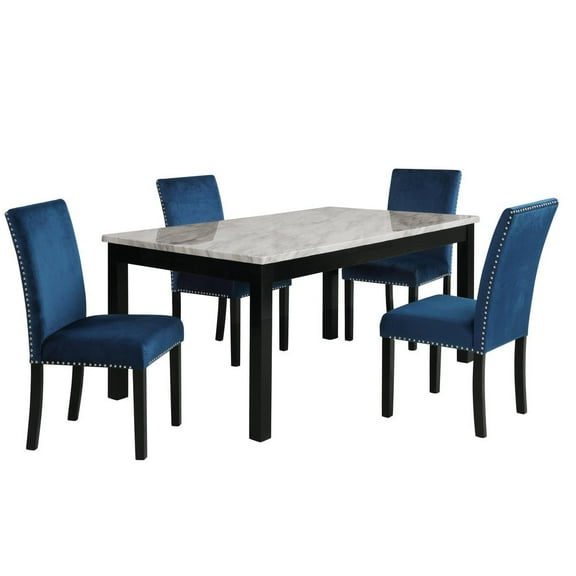New Classic Furniture Celeste Faux Marble/Wood Dining Set w/ 4 Blue Chairs