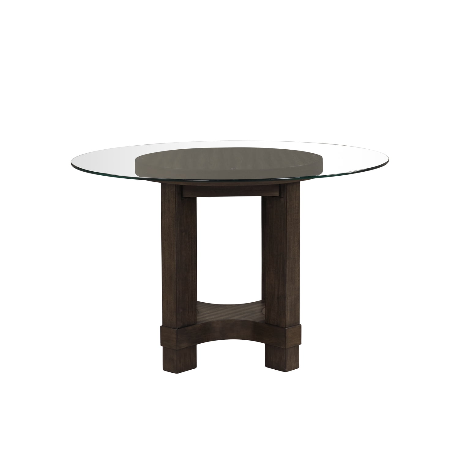 Brown Solid Wood and Glass Round Dining Table Set with Gray Upholstered Chairs