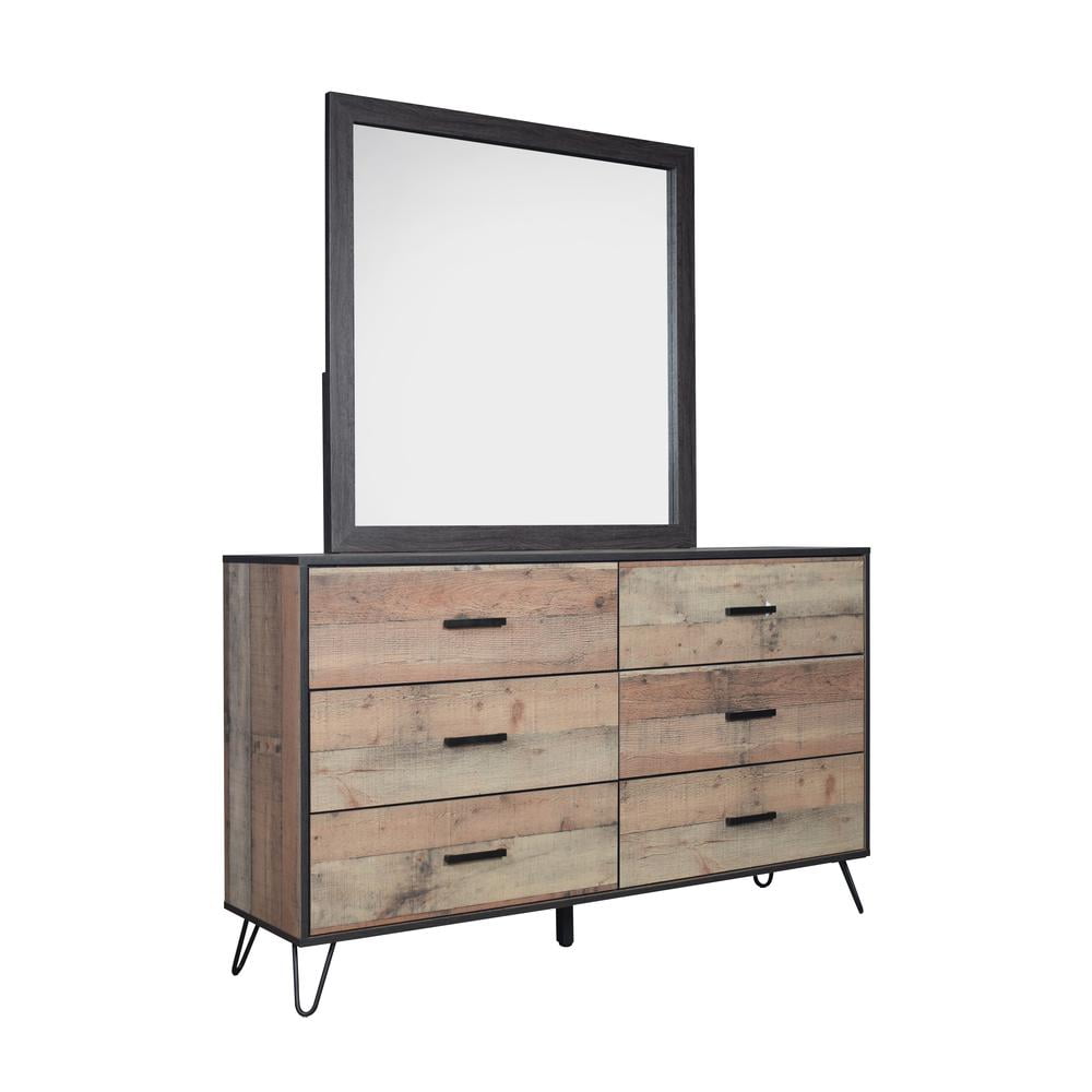 Rustic Brown Solid Wood 6-Drawer Dresser with Metal Legs