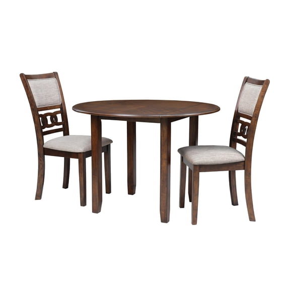 New Classic Furniture Gia 3-Piece Wood Drop Leaf Round Dining Set, 1 Dining Table And 2 Chairs, 42 Inch, Brown Cherry