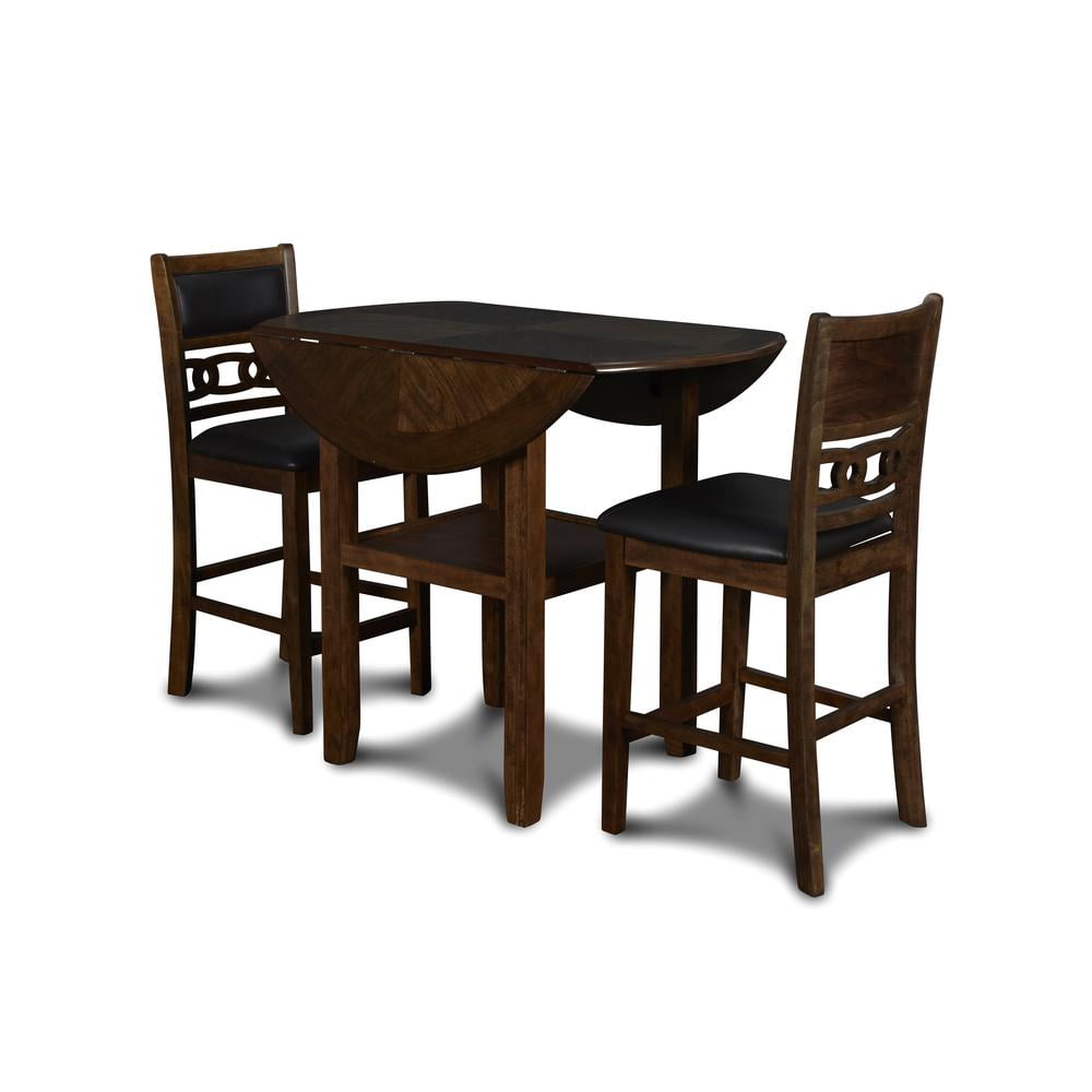 Brown Rubberwood Drop Leaf Counter Table Set with Black Upholstered Chairs