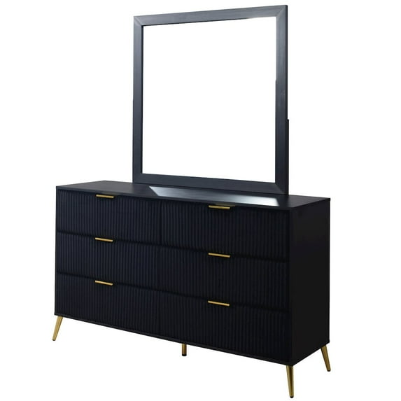 New Classic Furniture Kailani Wood Dresser with Mirror, 6 Drawers, Black