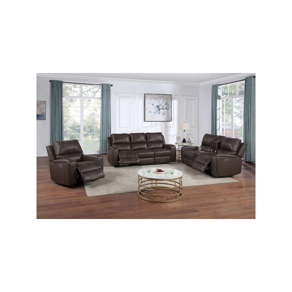 Linton Brown Leather Power Reclining Sofa with Track Arms