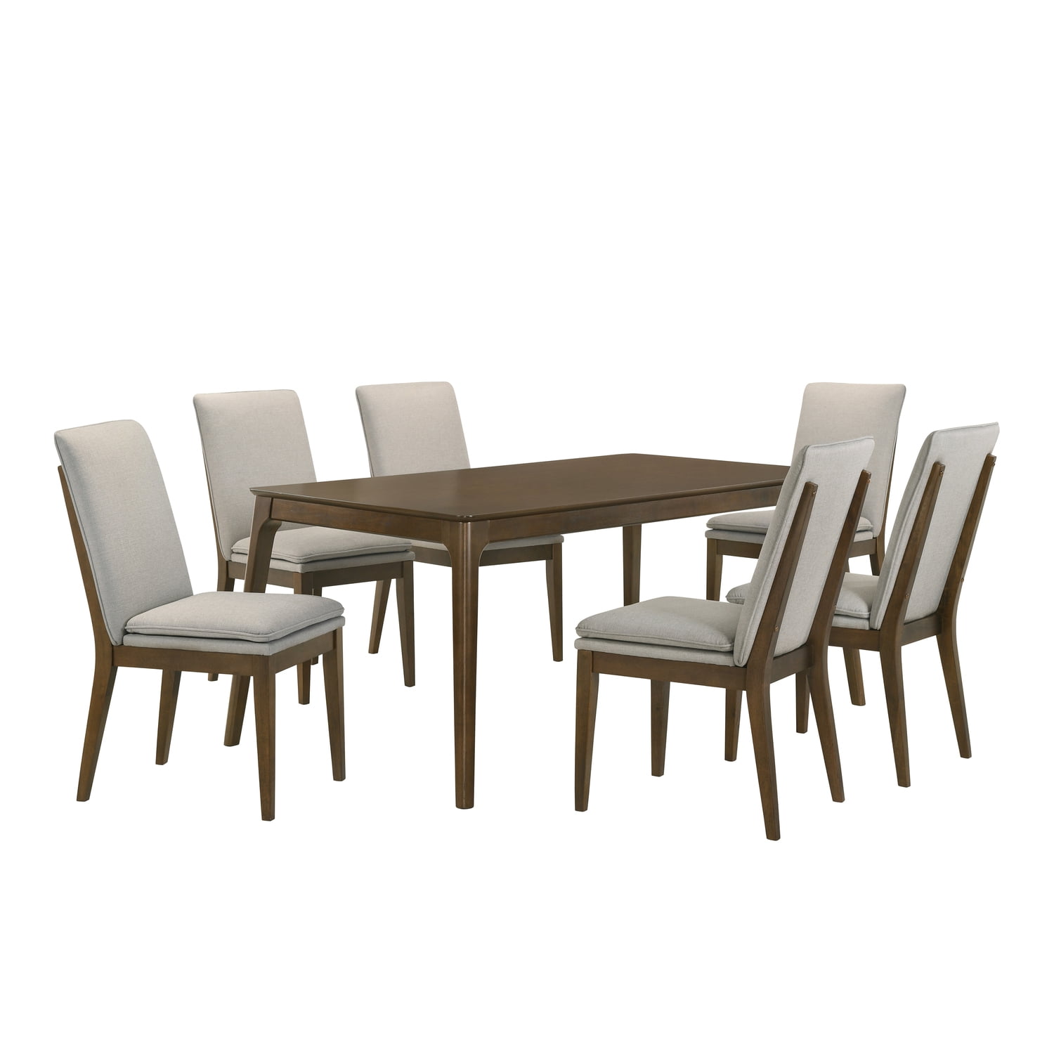 Walnut Wood Dining Table Set with Beige Upholstered Chairs, 7-Piece
