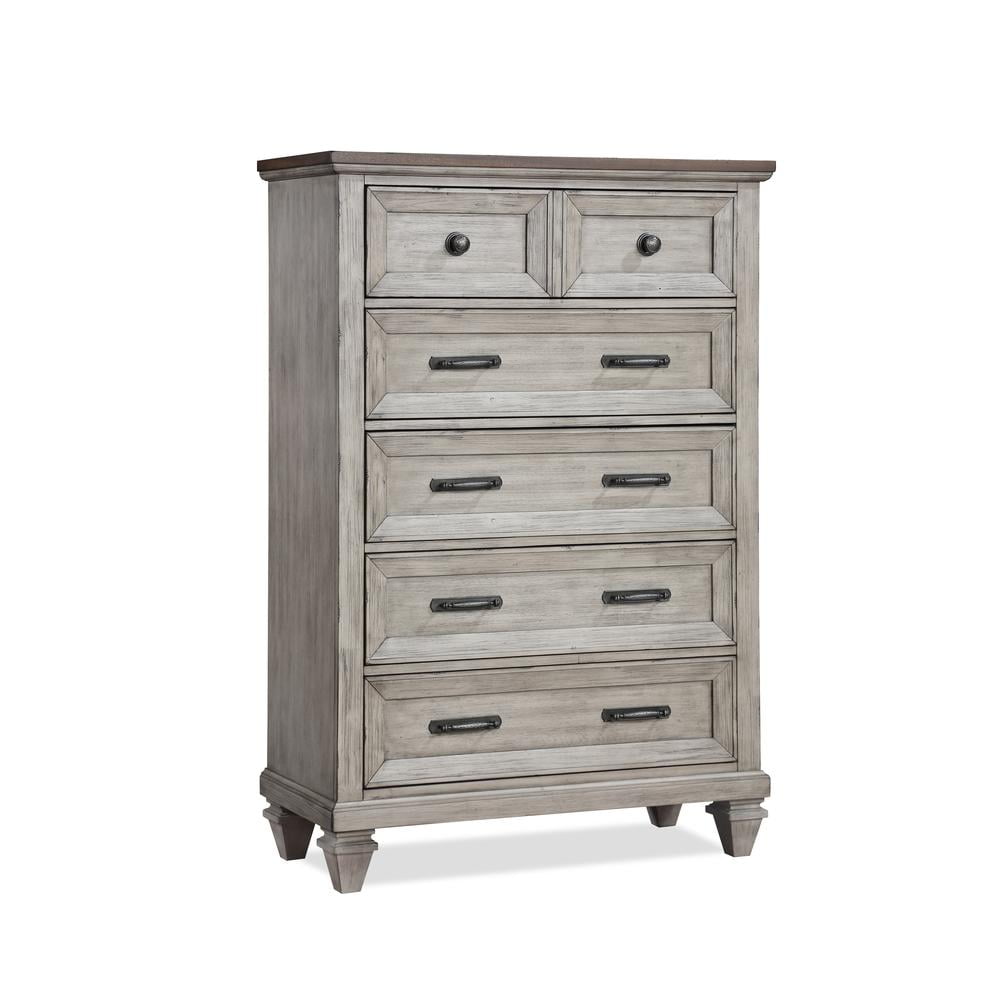 Vintage Creme Acacia Wood 5-Drawer Chest with Walnut Top