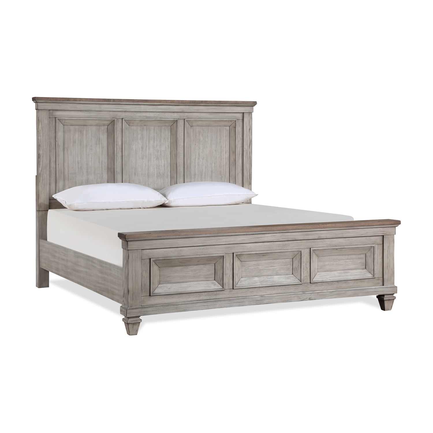 Vintage Cream Solid Wood King Bed with Walnut Accents