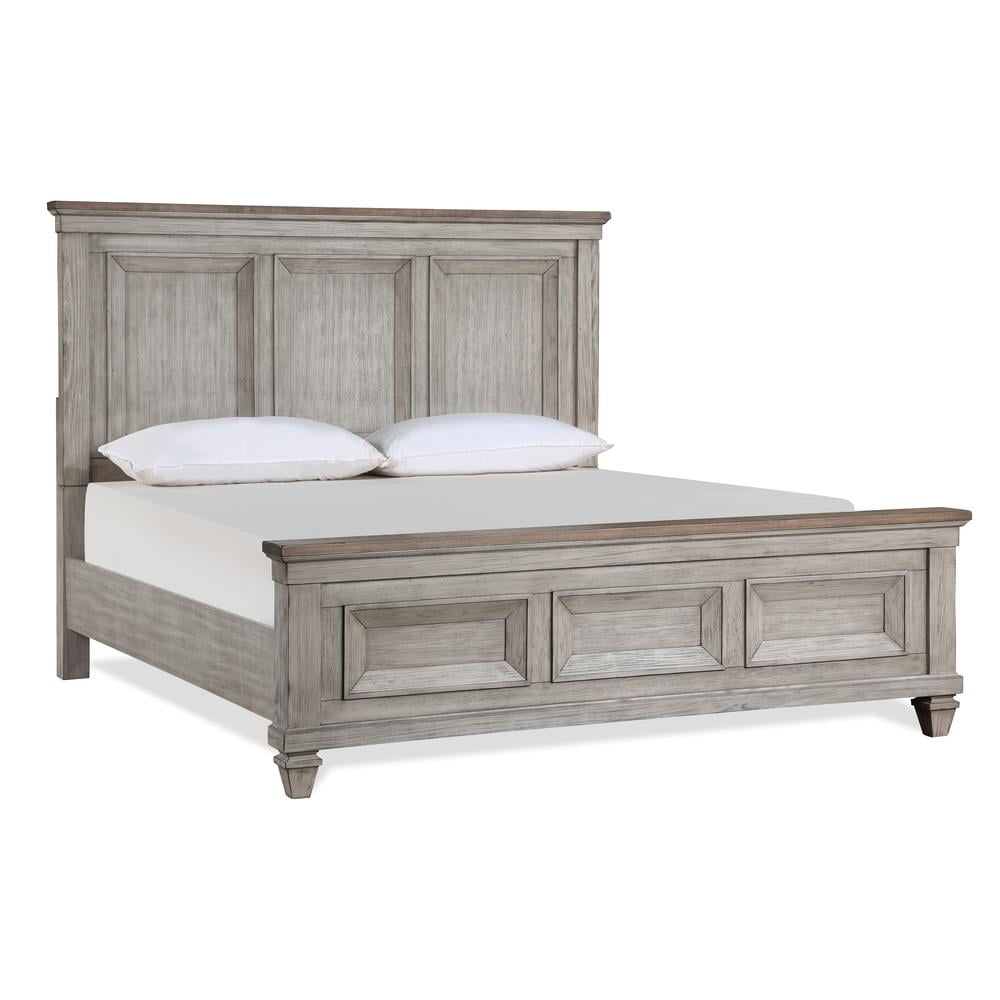 Vintage Cream Solid Wood King Bed with Walnut Accents