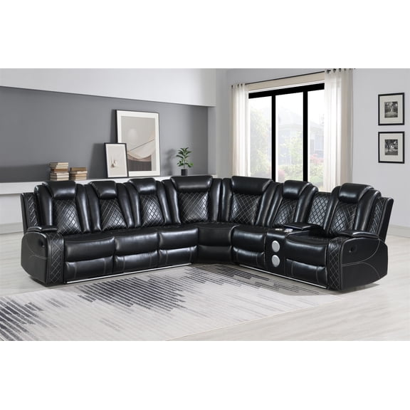 New Classic Furniture Orion II 3-Pc Faux Leather Power Sectional in Black