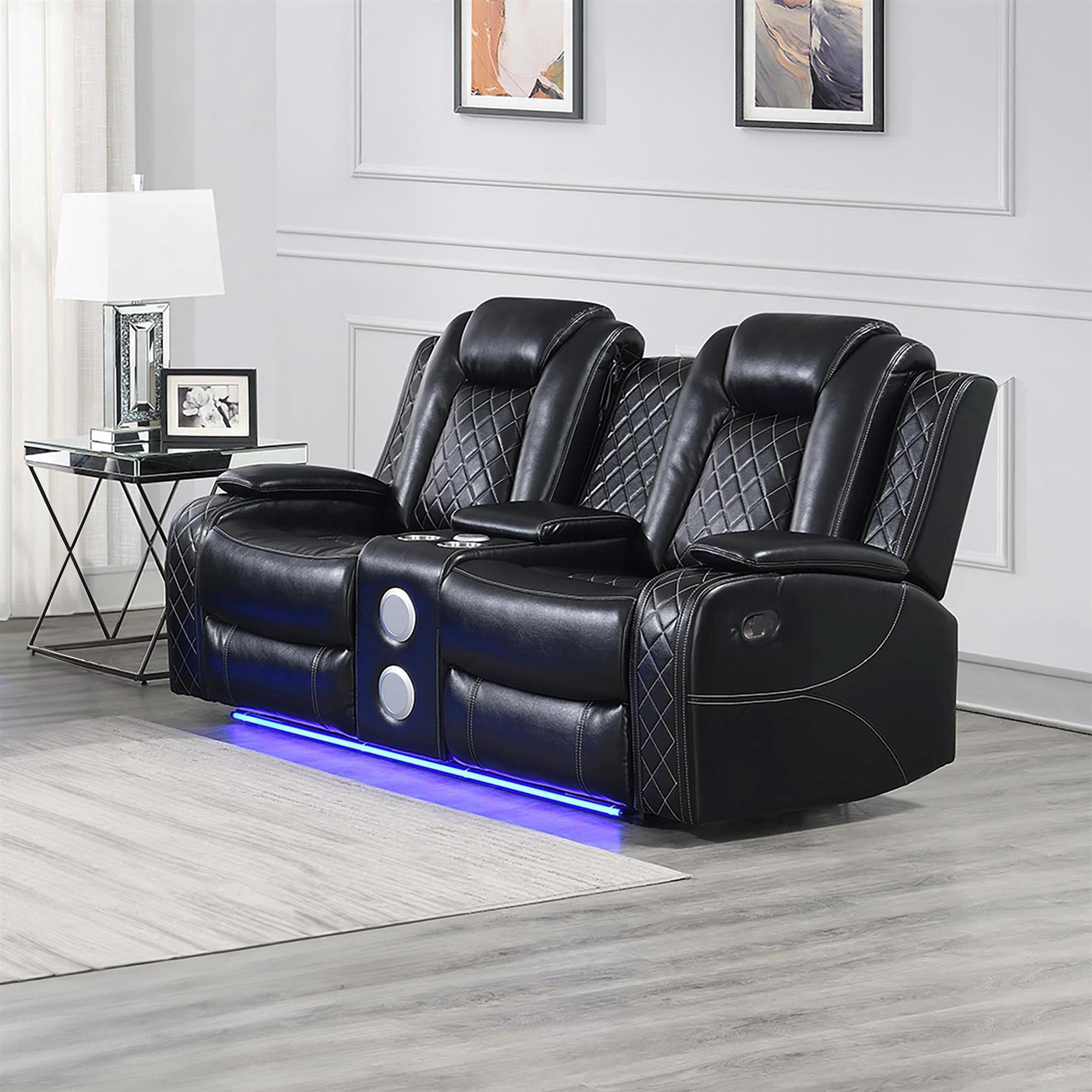 New Classic Furniture Orion II Faux Leather Console Loveseat Recliners in Black