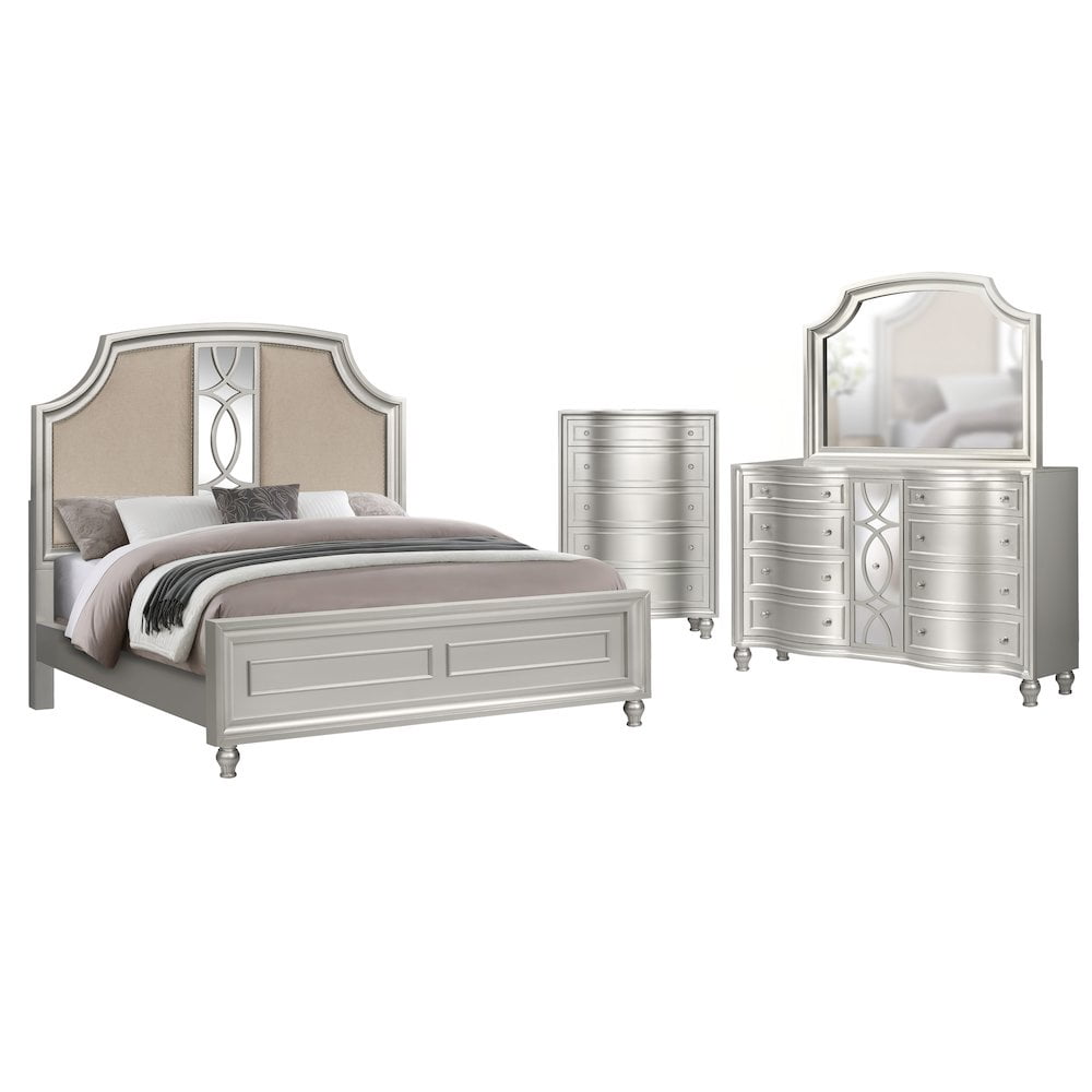 New Classic Furniture Reflections 4-Pc Wood Cal King Bedroom Set (B/Dr/Mr/Ch), Silver