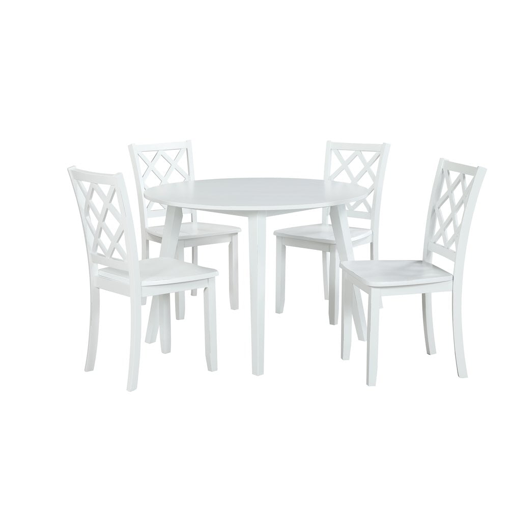 White Round Wood Dining Set with Diamond Trellis Chairs