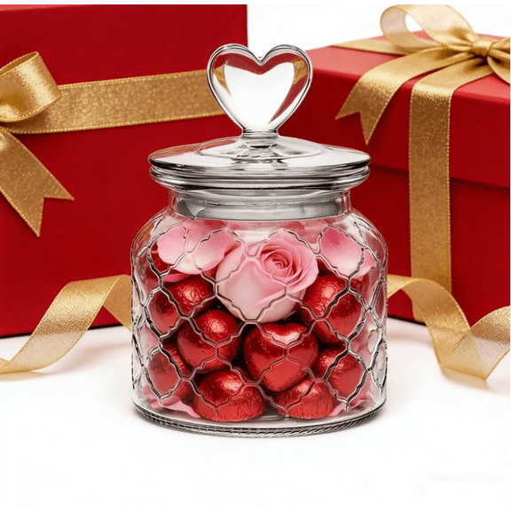 New Clear Glass Jar with Lid and Heart-Shaped Knob, Valentine's Day Decor, Food Storage Glass Jars with Airtight Lids for Kitchen and Dining Room