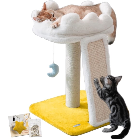 New Cloud Cat Tree Tower, Cat Scratching Post with Bed, Small Cat Tree, Compact Cat Tower with Scratching Pad & Cloud Soft Perch & Cute Toys, Extra Toy, Bonus Catnip