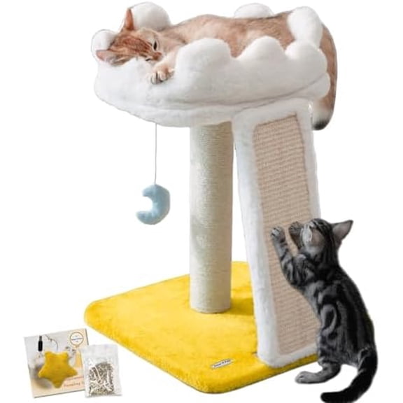 New Cloud Cat Tree Tower, Cat Scratching Post with Bed, Small Cat Tree, Compact Cat Tower with Scratching Pad & Cloud Soft Perch & Cute Toys, Extra Toy, Bounus Catnip