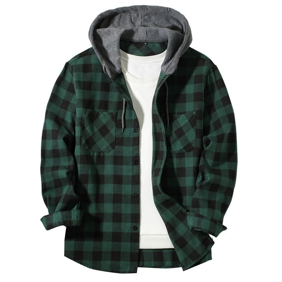 New Coat Spring and Autumn Men's Loose Plaid Hooded Shirt Large Size Fashion Casual Long sleeved Shirt Street StyleS-3XL (Dark green,L)