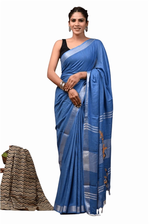 Soft Cotton Linen Saree Handcrafted Embroidery Design for Women