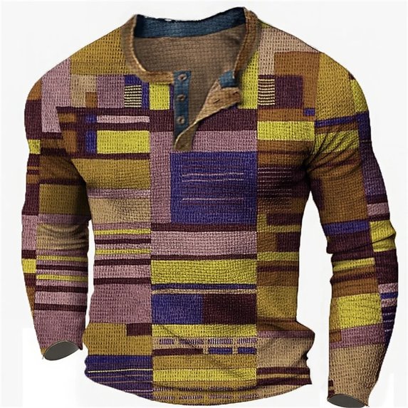 New Color Block Patchwork 3D Printed Henley Shirts Men's Fashion Vintage Button-Down Long Sleeve T Shirt Man Tees Tops Clothing (A37LF3K20232614L,2XL)