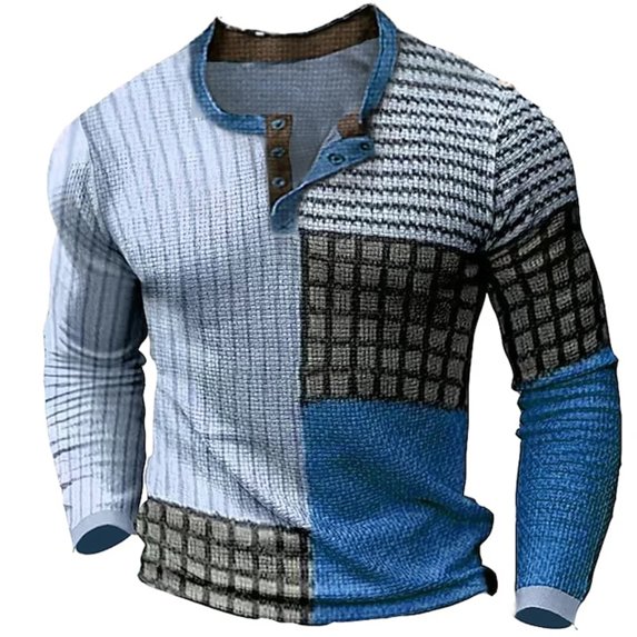 New Color Block Patchwork 3D Printed Henley Shirts Men's Fashion Vintage Button-Down Long Sleeve T Shirt Man Tees Tops Clothing (A37LF3K20232614N,3XL)