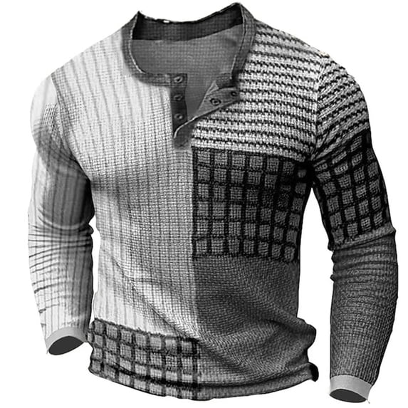 New Color Block Patchwork 3D Printed Henley Shirts Men's Fashion Vintage Button-Down Long Sleeve T Shirt Man Tees Tops Clothing (A37LF3K20232614S,2XL)